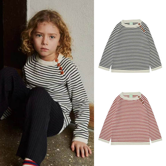 Wholesale Girls Fall Winter Round Neck Button Striped Pullover Sweater