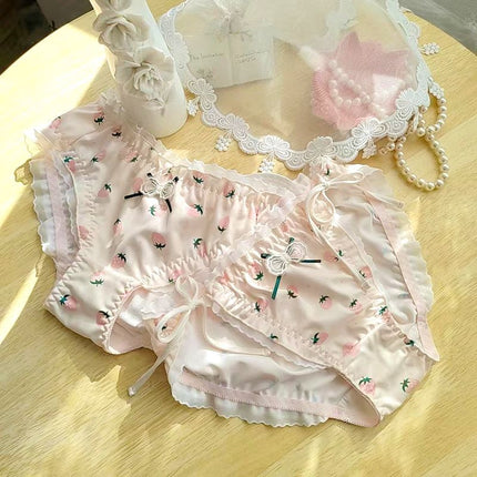 Wholesale Girls Cute Yummy Strawberry Print Lace-up Mid-low Waist Briefs