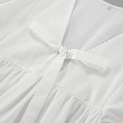 Wholesale Ladies Summer Pure Cotton White Dress Puff Sleeve Neckline Tie V Neck Loose Dress