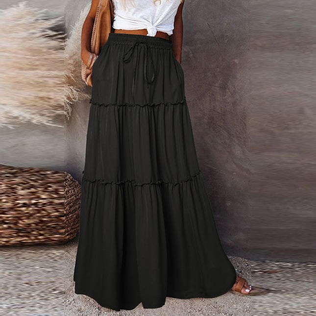 Wholesale Ladies Autumn Winter Solid Color Lace Casual Long Skirt