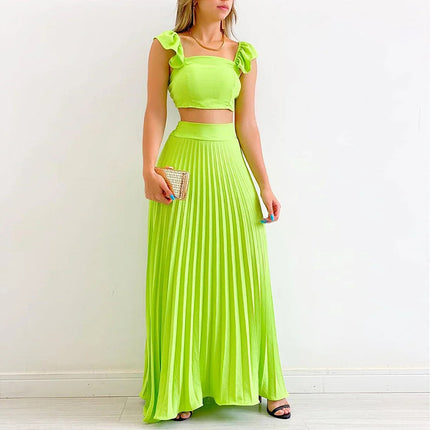 Wholesale Women's Spring Solid Color Short Vest High Waist Pleated Skirt Two Piece Set