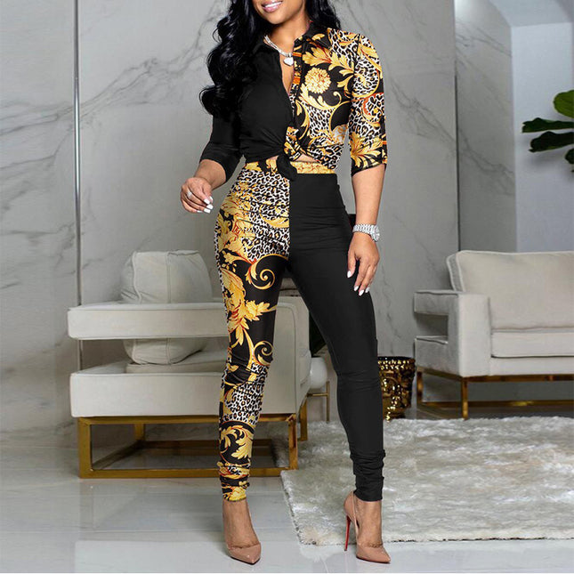 Wholesale Women's Casual Color Matching Printed Long Sleeve Lapel Shirt Casual Pants Two-Piece Set
