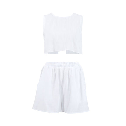 Wholesale Women's Summer Cotton Fashion Casual Beach Lace-up Vest Wide-leg Shorts Two-piece Set