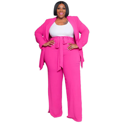 Plus Size Women's Professional Casual Long-sleeved Trousers Lace-up Two-piece Set