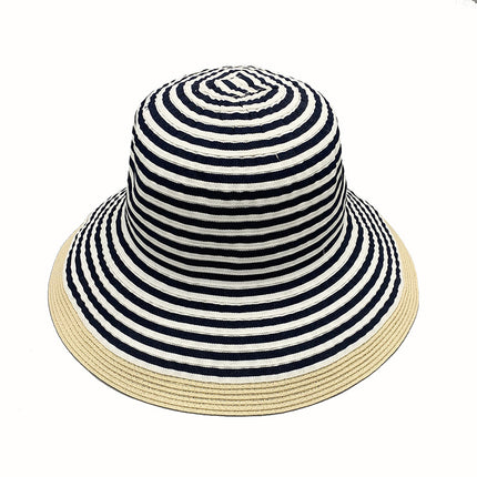 Foldable Basin Hat Large Brim Striped Sun Protection Bow Summer Flat Brim Straw Hat 