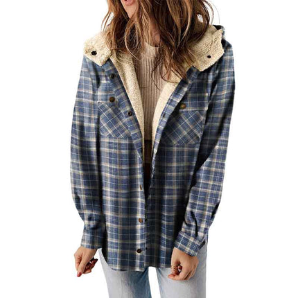 Wholesale Women's Winter Casual Check Hooded Thick Sherpa Jacket