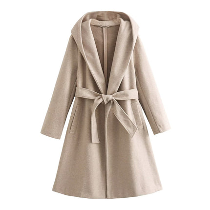 Wholesale Women's Autumn Hooded Mid-length Woolen Coat