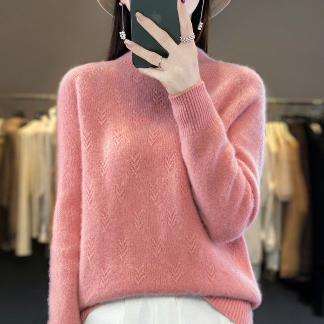 Wholesale Women's Solid Color Half Turtleneck Loose 100% Wool Sweater