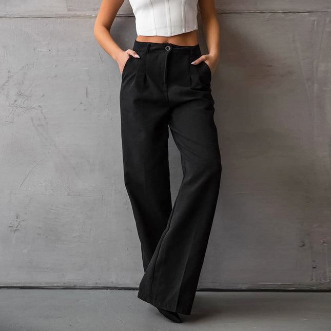 Wholesale Women's Autumn Black Simple Fashionable Casual High Waist Straight Pants
