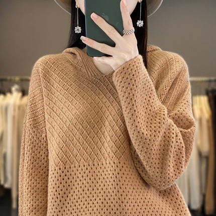 Wholesale Women's Autumn Hollow Wool Knitted Loose Hooded Sweater