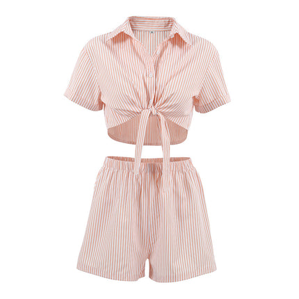 Wholesale Women's Summer Pink Striped Plaid Shirt Short High Waist Shorts Two Piece Set
