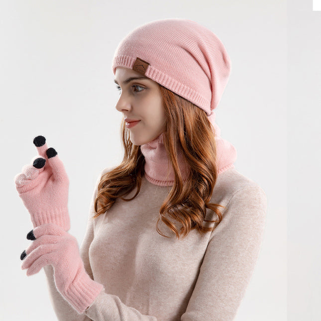 Wholesale Winter Warm Plus Velvet Knitted Hat, Neck Scarf and Gloves Three-piece Set