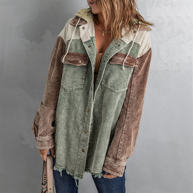Wholesale Women's Corduroy Color Block Single Breasted Long Sleeve Hooded Jacket