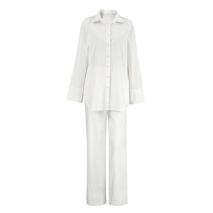 Wholesale Women's Loose Casual Cotton Long Sleeve Shirt High Waist Lace Wide Leg Pants Two-Piece Set
