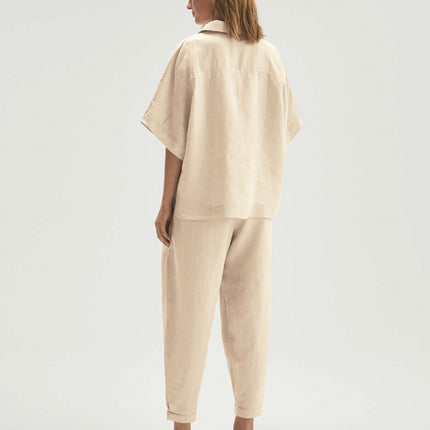 Wholesale Ladies Summer Comfortable Casual Solid Color V Neck Pure Cotton Short Sleeve Pants Two-piece Set