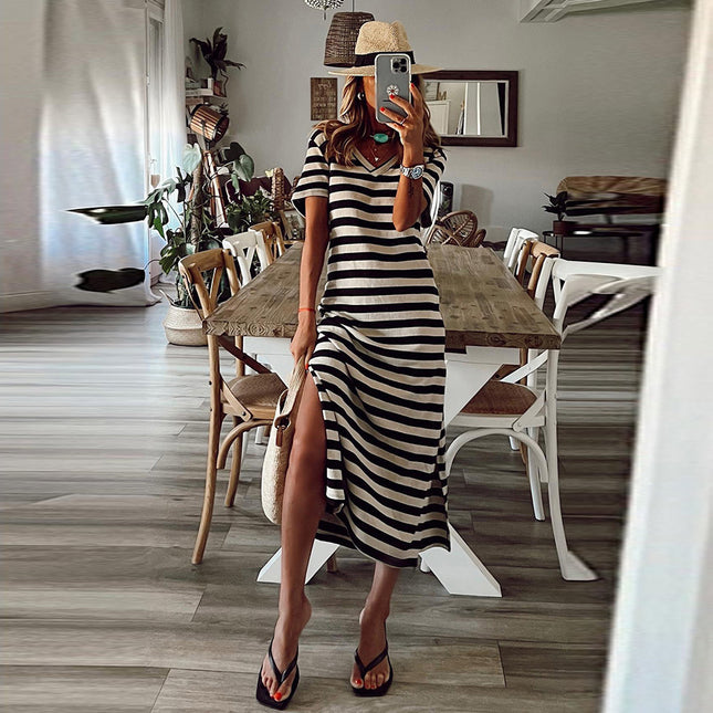 Wholesale Ladies Slit Knitted Maxi Dress Summer Striped Short Sleeve Dress