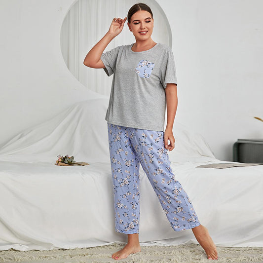 Wholesale Plus Size Pajamas Ladies Spring Summer Short Sleeve Trousers Homewear Set