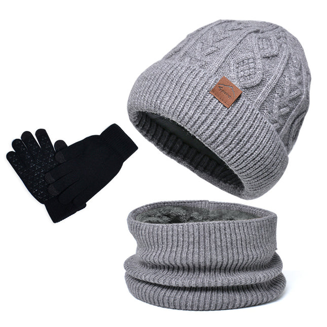 Men's Winter Warm Velvet Knitted Hat, Gloves and Scarf Three-piece Set