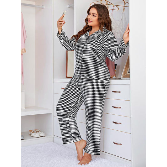 Wholesale Plus Size Pajamas Ladies Plaid Long Sleeve Long Pants Loungewear Set