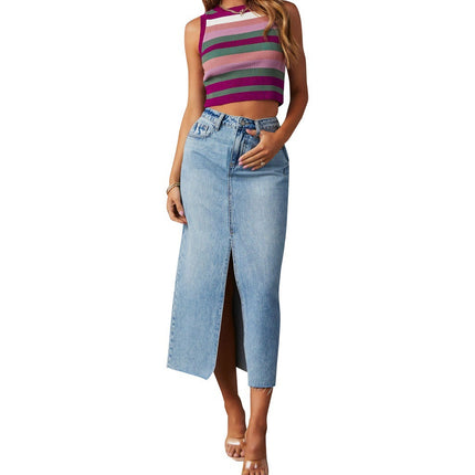 Wholesale Women's Slit Denim High Waist Washed Mid Length Skirt