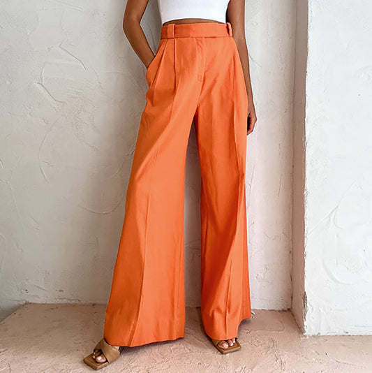 Wholesale Ladies Summer Orange High Waist Wide Leg Pants Loose Women's Casual Pants