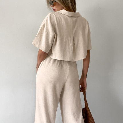 Wholesale Women's Autumn Loose Casual Crepe Cotton Linen Shirt With High Waist Wide Pants Two-piece Set