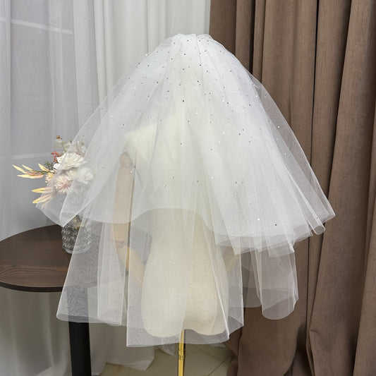 Bridal Short Multi-layer Wedding Veil with Pearl Studs and Beaded