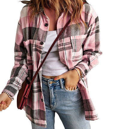 Wholesale Women's Spring Autumn Button Pocket Pink Check Shirt