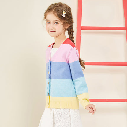 Wholesale Girls Autumn Rainbow Stripe Casual  Pattern Cardigan Knitted Jacket