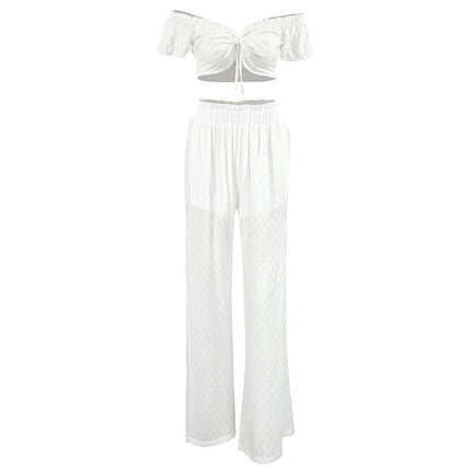 Wholesale Women's Summer Hollow White Strapless Navel Ruffled Jacquard Vacation Sexy Set