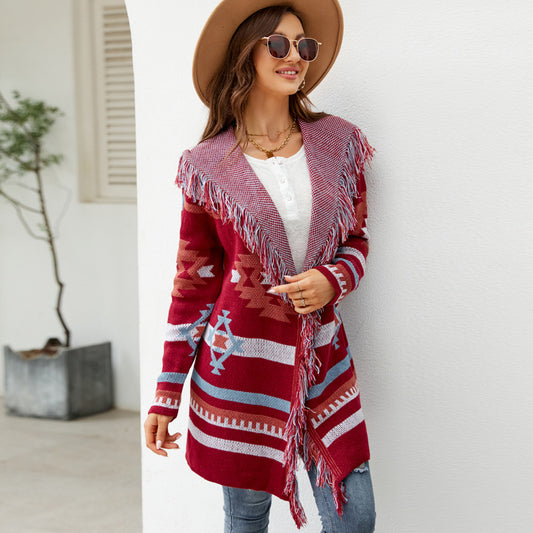 Wholesale Women's Fall Winter Tassel  Cardigan Hooded Long Sweater