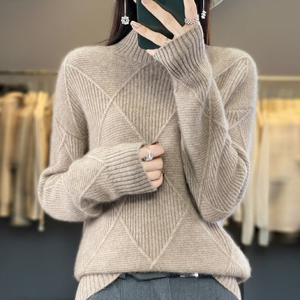 Wholesale Women's Loose Diamond Half Turtleneck Thickened Wool Sweater