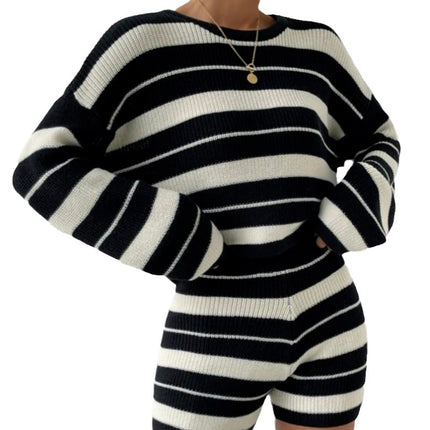 Wholesale Women's Striped Casual Sweater Top Shorts Two Piece Set