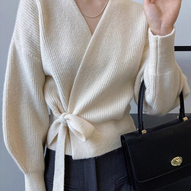 Wholesale Women's V-neck Tie Puff Sleeve Cardigan Wool Sweater Jacket