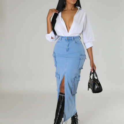 Wholesale Women's Multi-pockets Style Fashionable Stretch Washed Slit Denim Maxi Skirt
