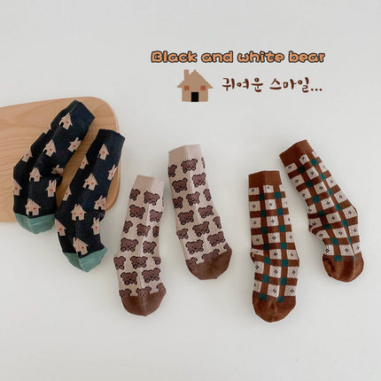 Wholesale 3 Pairs Kids Bear Plaid Mid-calf Combed Cotton Socks