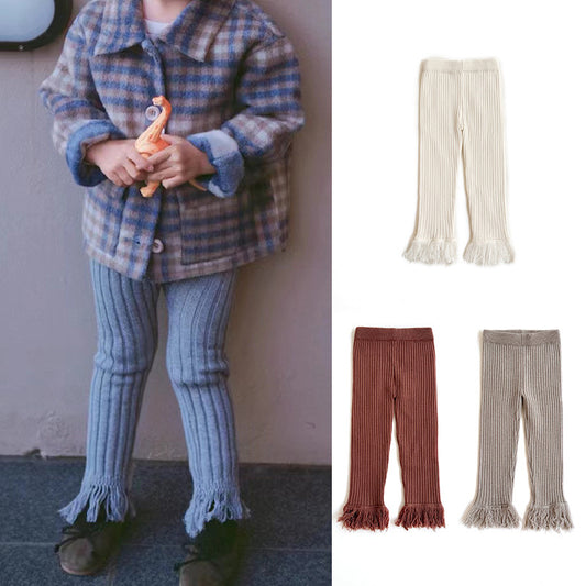 Girls Autumn Cotton Tassel Pit Lotus Leaf Flared Knitted Pants