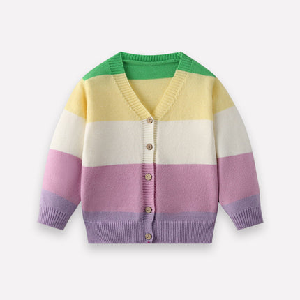 Wholesale Girls Autumn Rainbow Stripe Casual  Pattern Cardigan Knitted Jacket