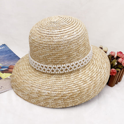 Wholesale Pearl Decorated Sun Shade Curved Brim Big Straw Hat 