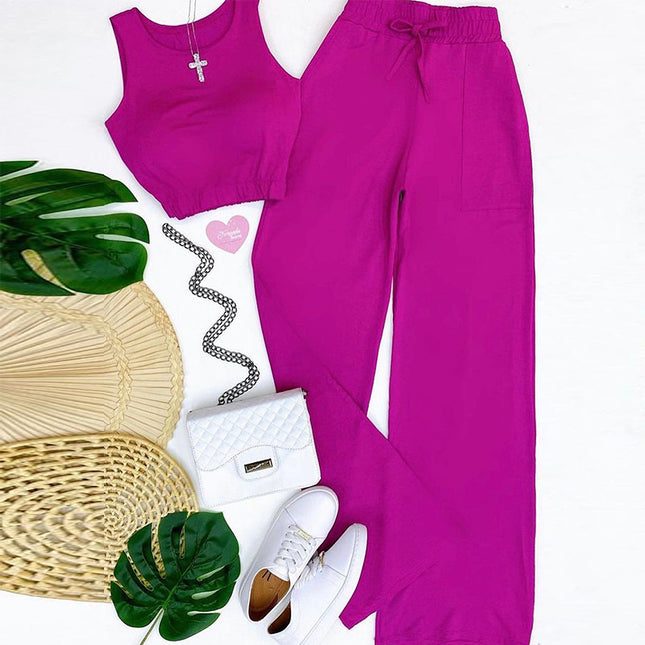 Wholesale Women's Solid Color Short Vest Drawstring High Waist Straight Leg Pants Two Piece Set