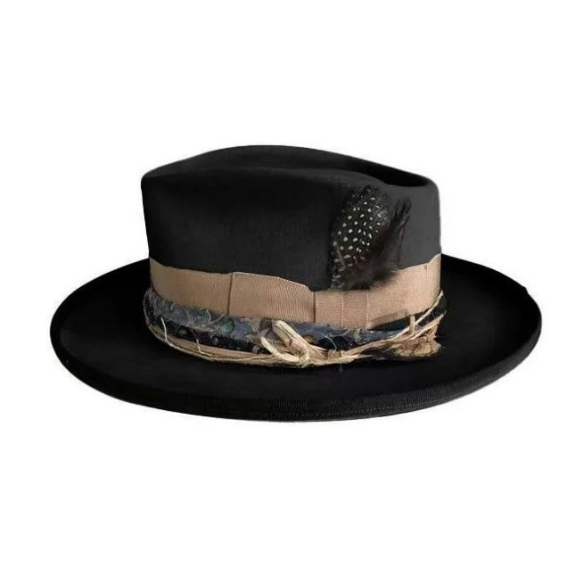 Wholesale Woolen Curly Jazz Hat Feather Big Brim Color Block Hat