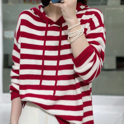 Wholesale Women's Spring Striped Hooded Loose Pullover Wool Sweater