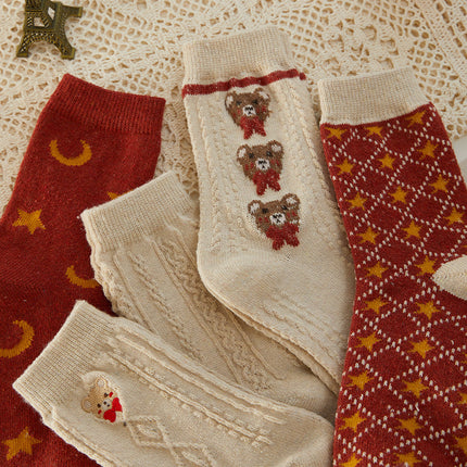 Wholesale Women's Fall Winter Red Cotton Bear Pile Socks Wool Socks Mid-calf Socks