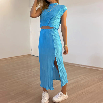Wholesale Women's Pleated Half High Collar Short Shirt High Waist Slit Mid Length Skirt Two-Piece Set