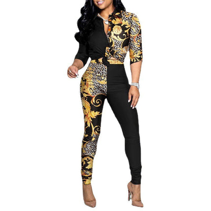 Wholesale Women's Casual Color Matching Printed Long Sleeve Lapel Shirt Casual Pants Two-Piece Set