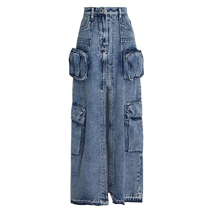 Wholesale Women's Spring Fashion Patchwork Pocket Denim Maxi Skirt