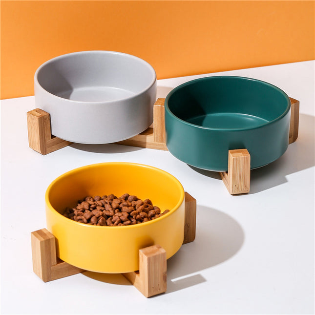 Ceramic Cat Bowl with Integrated Wooden Frame To Protect Cervical Spine Double Bowl