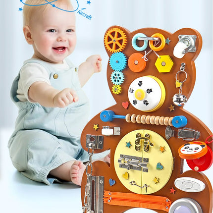 Wooden Bear Busy Board Children's Montessori Wall Game Door Opening and Lock Board Educational Toy