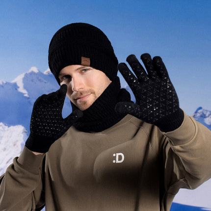Wholesale Men's Winter Velvet Warm Knitted Hat, Neck Scarf and Gloves Three-piece Set