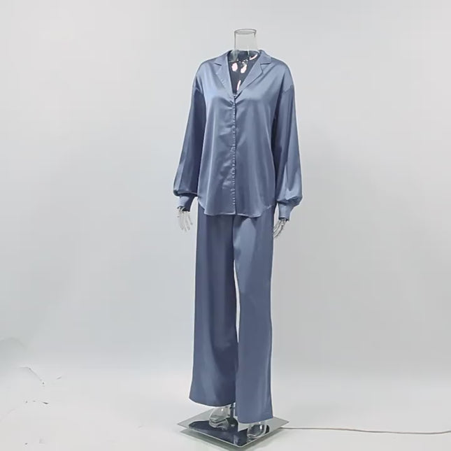 Wholesale Autumn Fashion Blue Satin Casual Long Sleeve Shirt High Waist Wide Leg Pants Two-Piece Set